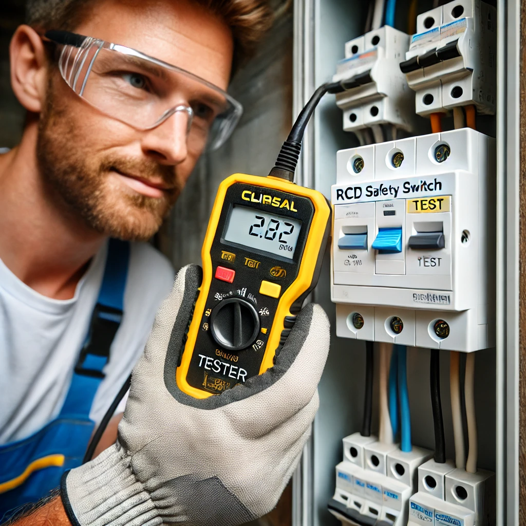 An electrician wearing safety gloves is testing a white RCD safety switch in an electrical panel using a professional yellow and black RCD tester resembling a Fluke device. The tester’s digital display shows test results, and the electrical panel is well-organized, emphasizing electrical safety.