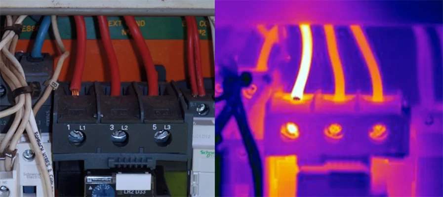 Thermal scan showing temperature differences in electrical components during a commercial safety inspection.